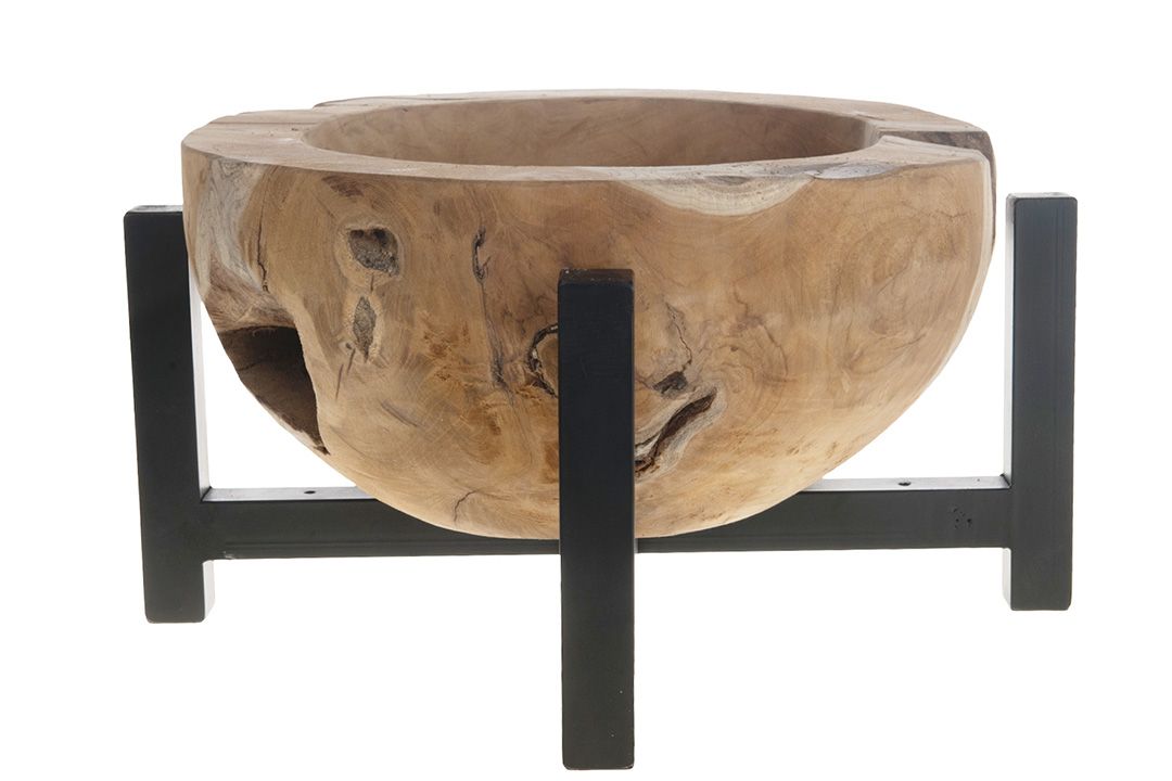 Bowl on Iron Frame Teak, Size: 45x45x23cm