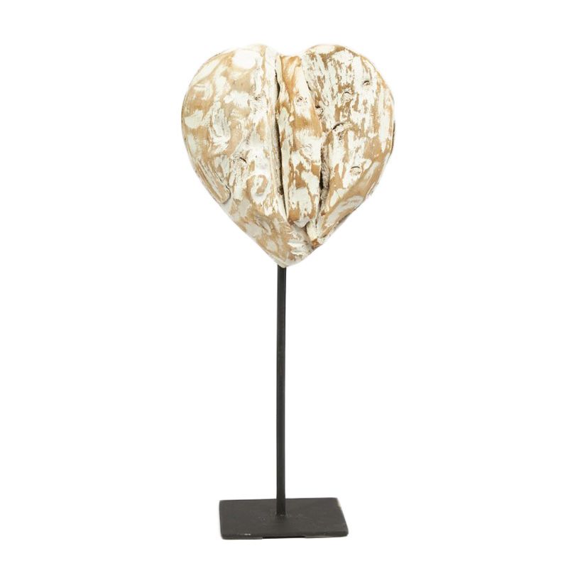 Heart on Stand Teak Erosion, Color: White-Wash, Size: 18x10x38cm