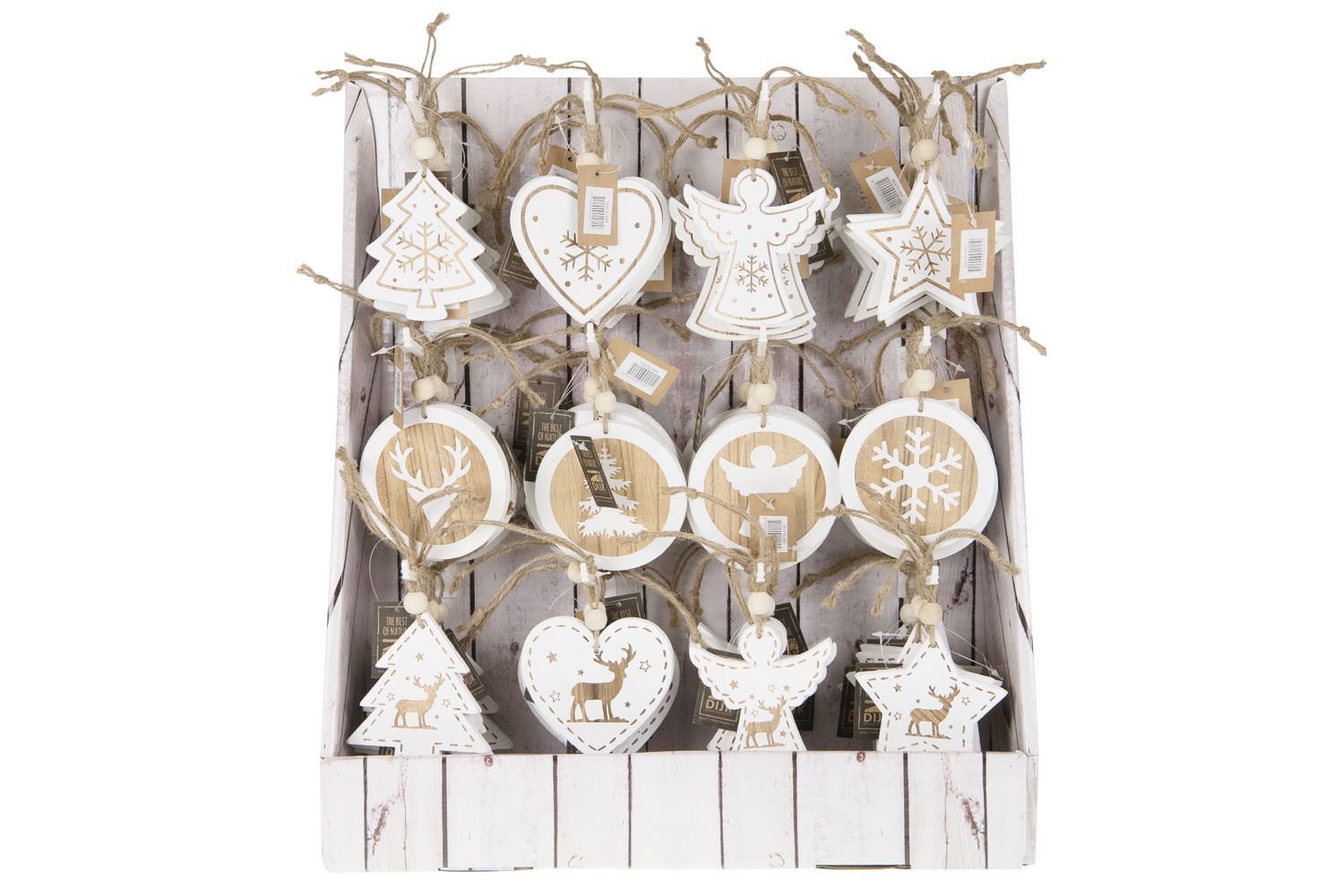 Wood Ornaments 10cm Natural White 12 Assorted