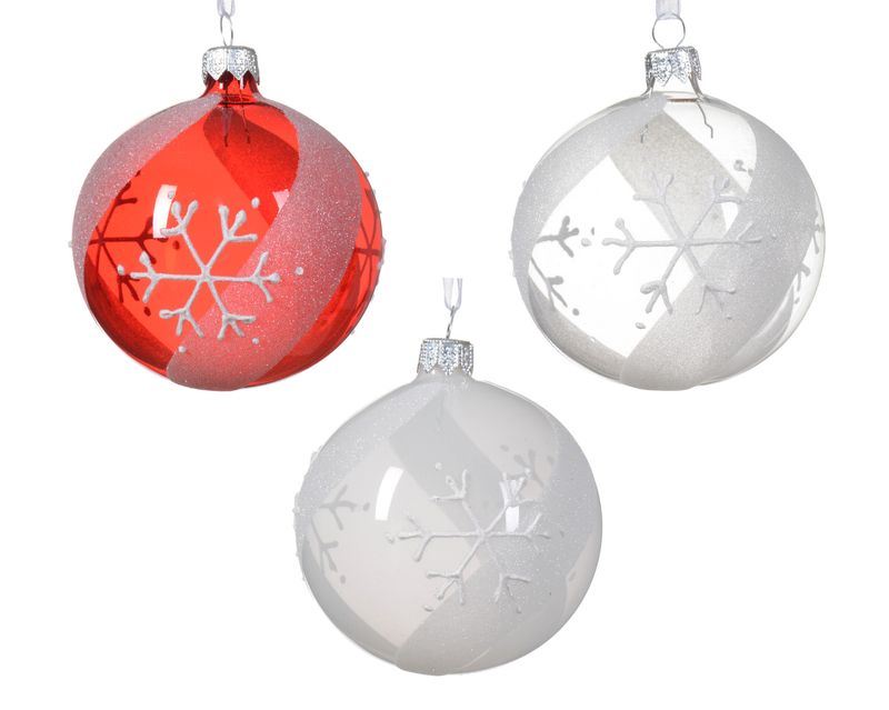 Xmas Ball 8cm Snowflake &amp; Stripe