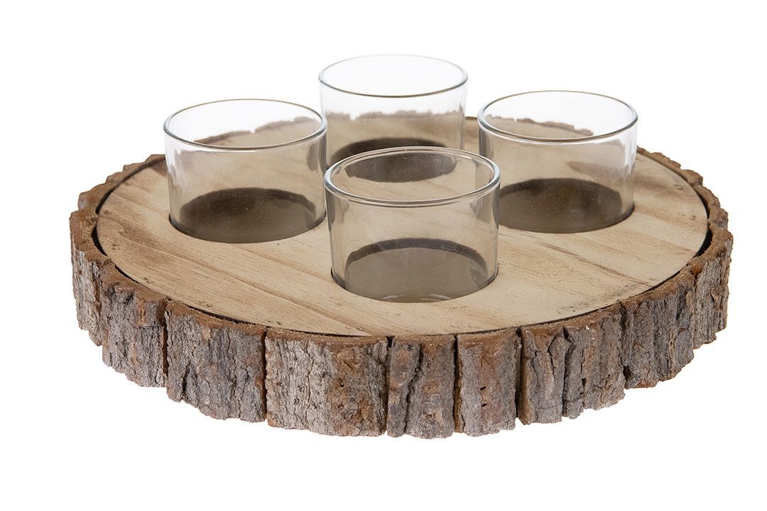 Candle holder with 4 glass votives white wash 24x4cm with glass