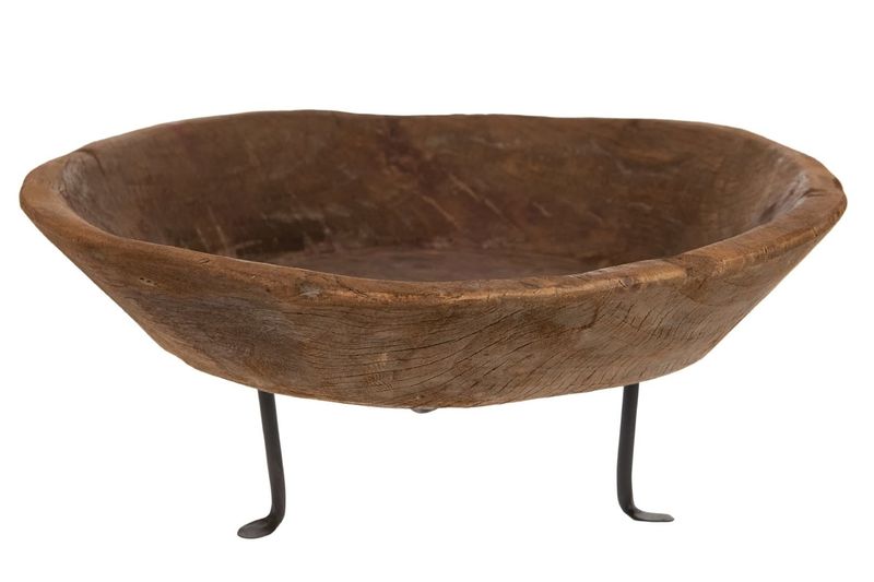 Vintage Wooden Bowl with Iron Stand - 48x24cm