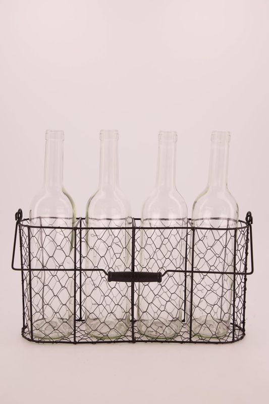 Black Metal Basket with Glass Bottles - 36x9x30cm