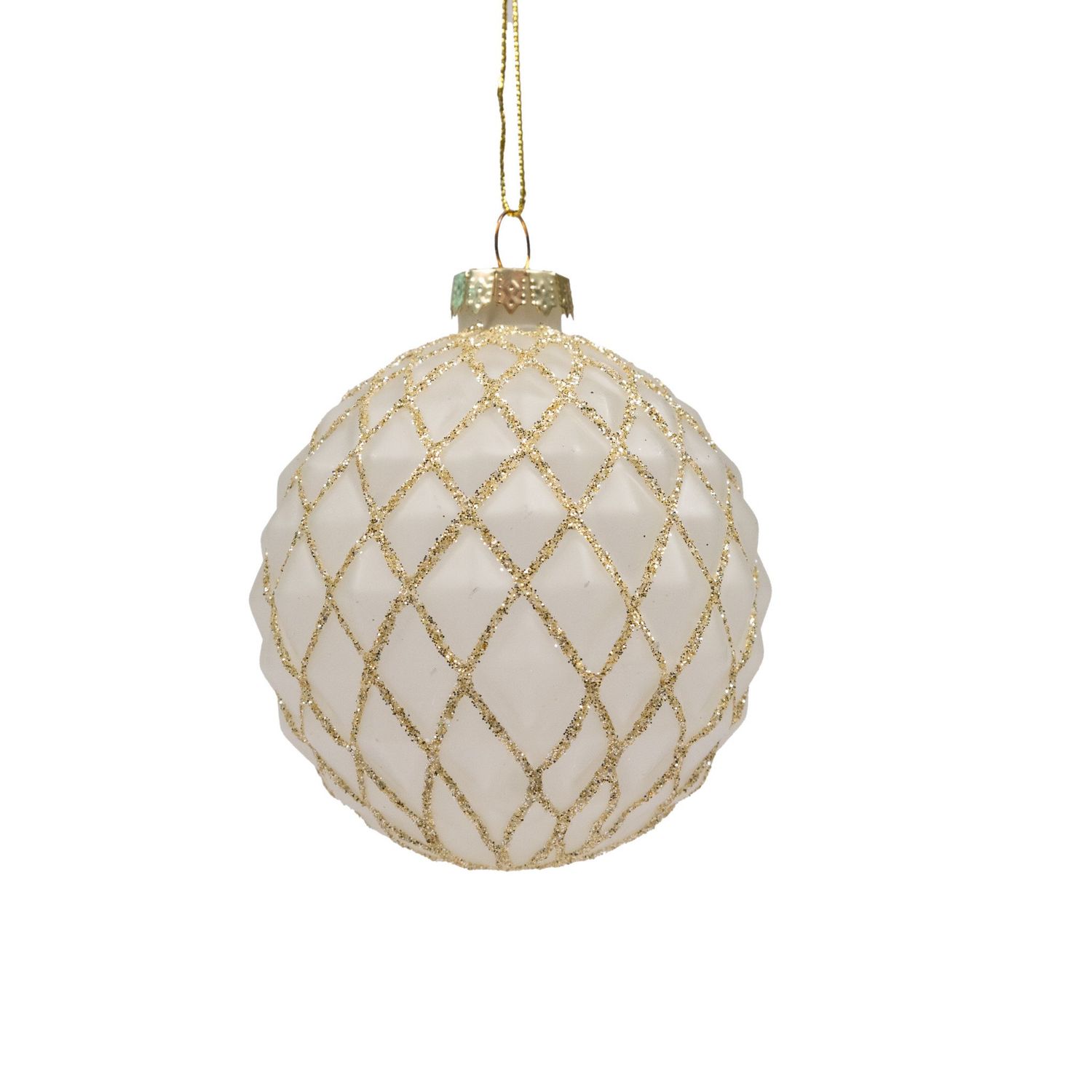 Ornament Off White Glass Ball  with Geometric Pattern in Gold  6 Assorted  - d8cm