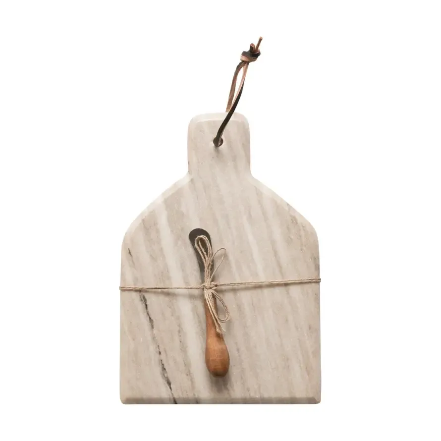 Marble Cheese Cutting Board with Handle - Leather Tie and Stainless Steel