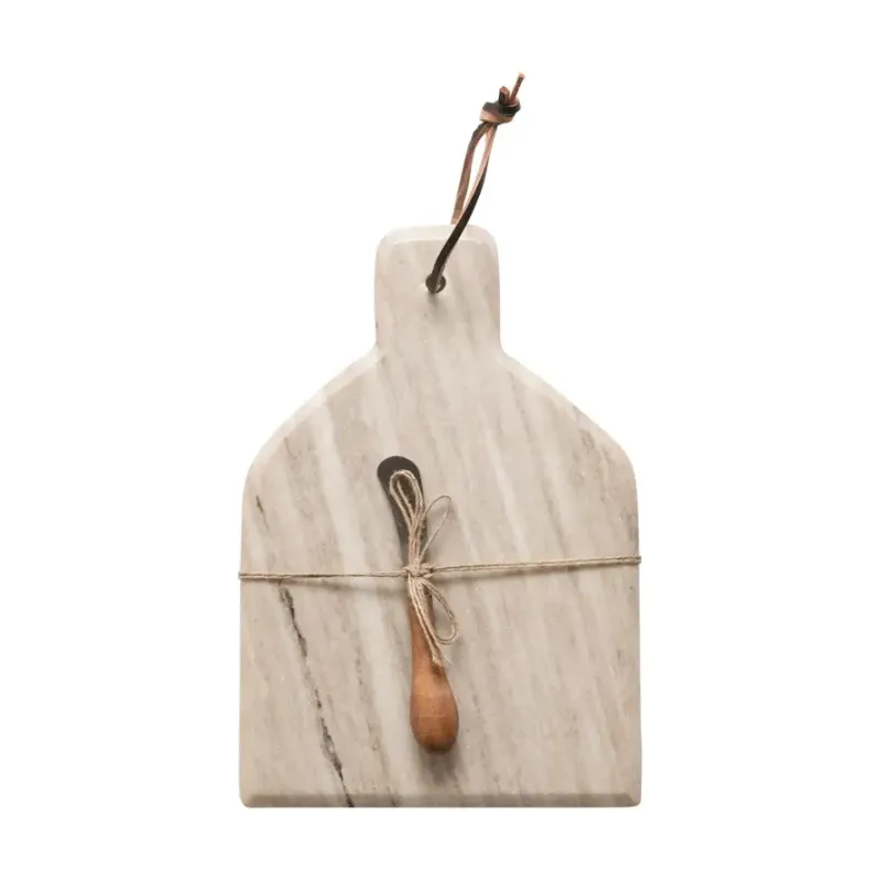 Marble Cheese Cutting Board with Handle - Leather Tie and Stainless Steel