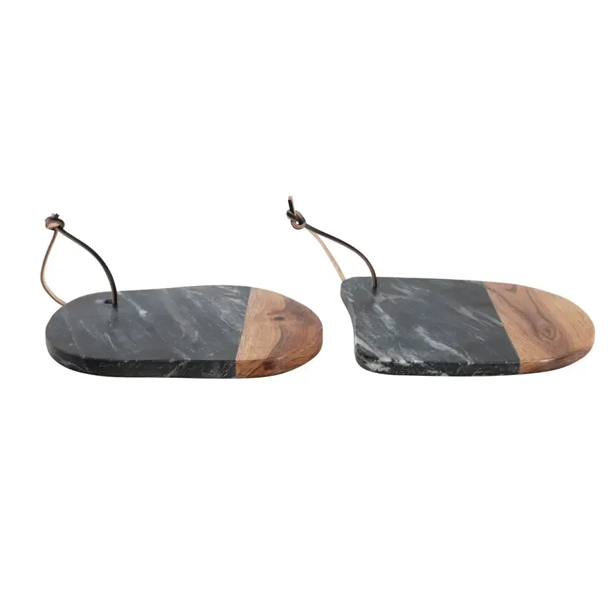 Marble and Acacia Wood Organic Shaped Cheese Cutting Board Leather Tie - 8&quot;x9&quot;