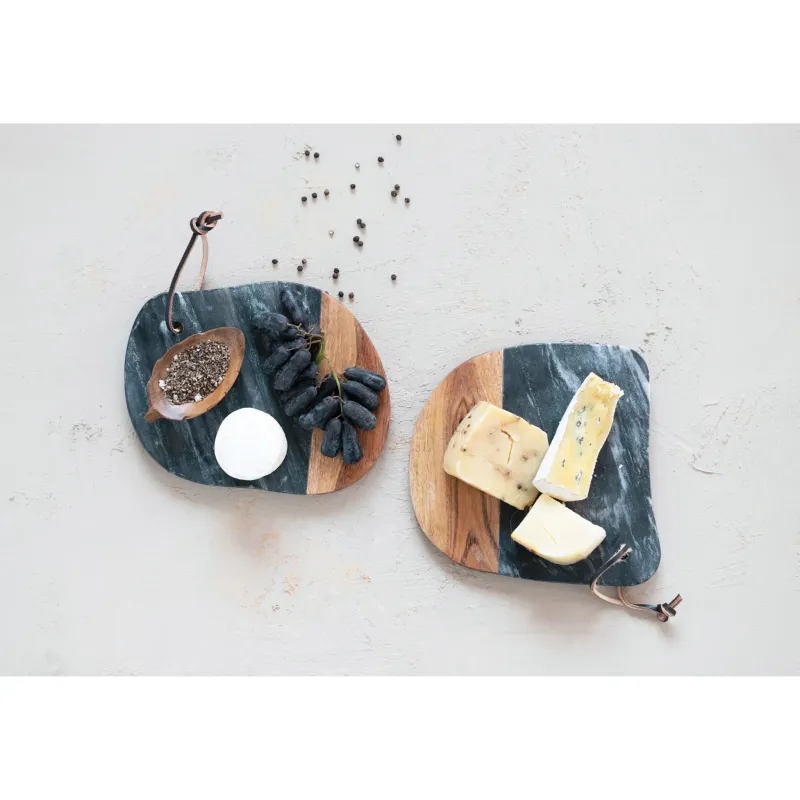 Marble and Acacia Wood Organic Shaped Cheese Cutting Board Leather Tie - 8"x9"