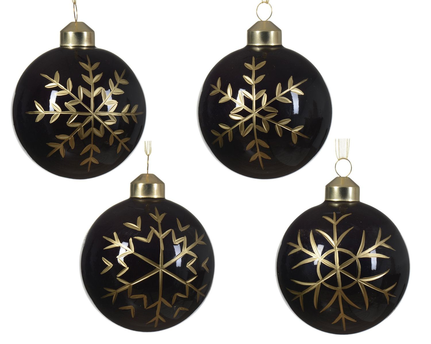 Xmas Ball Glass 8cm Black Snowflake - 4 Assorted