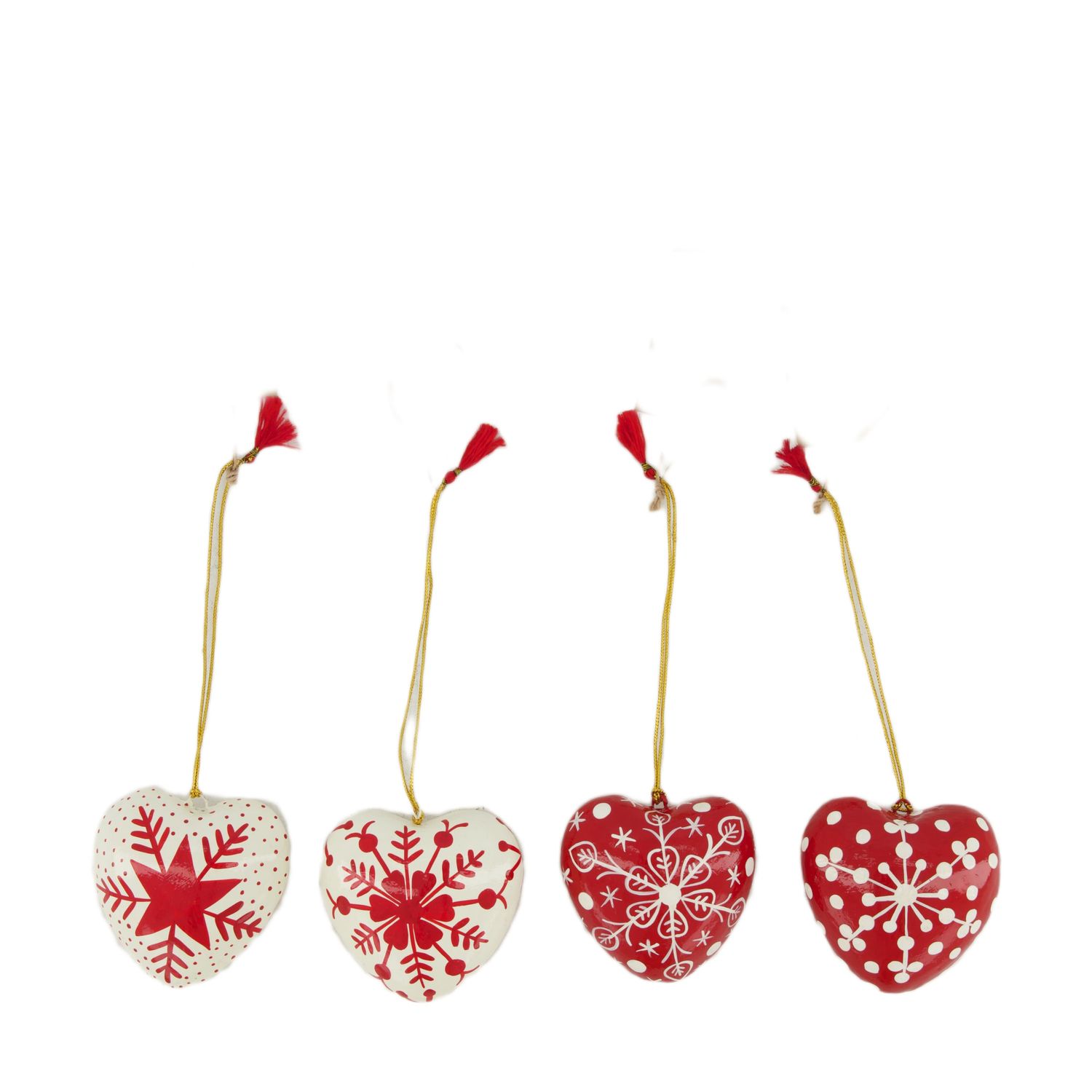 Xmas Hanger Paper Mache Heart 8.5cm - Red White 4 Assorted