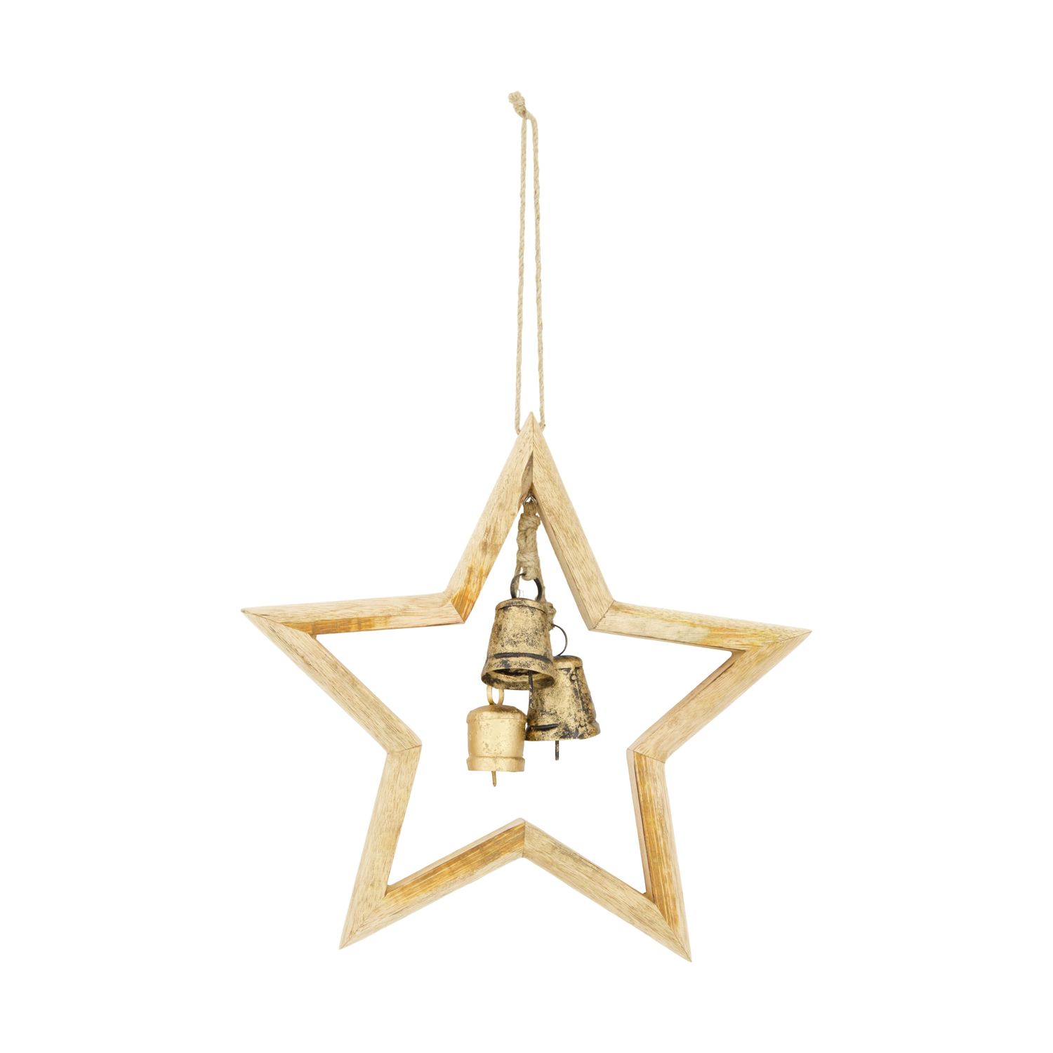 Xmas Hanger Wood Star with Bells 38cm