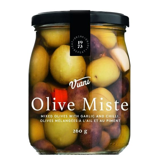 Viani Mixed Olives with Garlic &amp; Chili - box