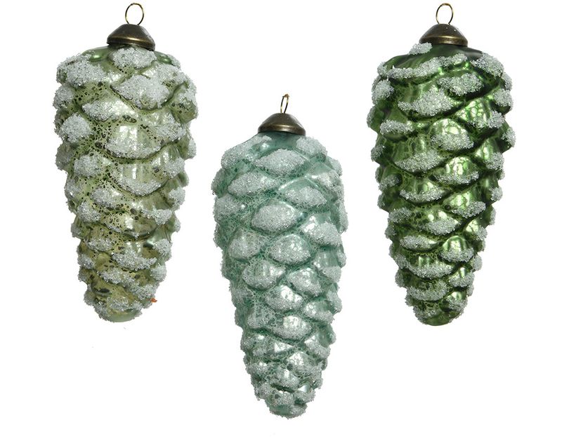 Xmas Ornament Glass Pinecone 12cm Frosted Green - 3 Assorted