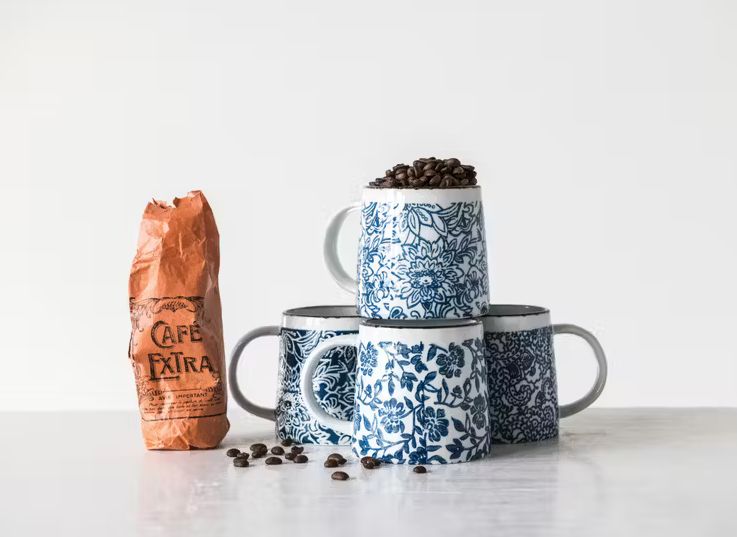 Stoneware Mug Hand Stamped - 3 Assorted Blue White