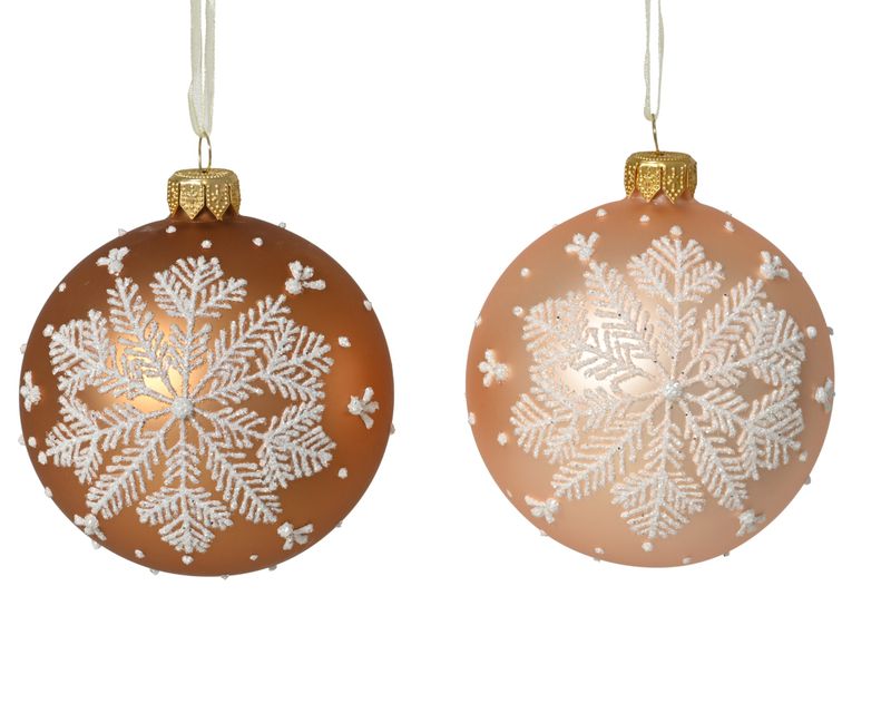 Xmas Ball Glass Copper Snowflake 8cm - 2 Assorted