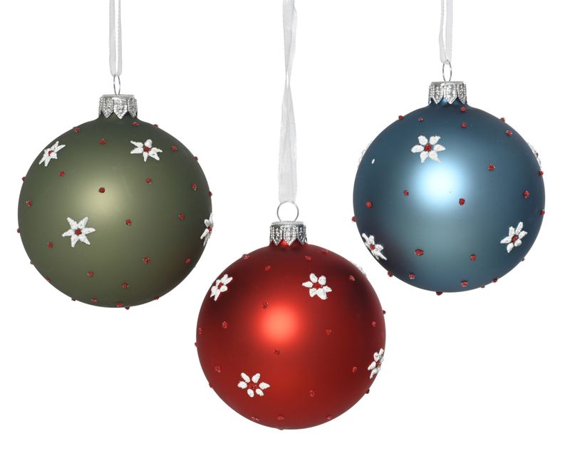 Xmas Ball Glass Flower Dot 8cm