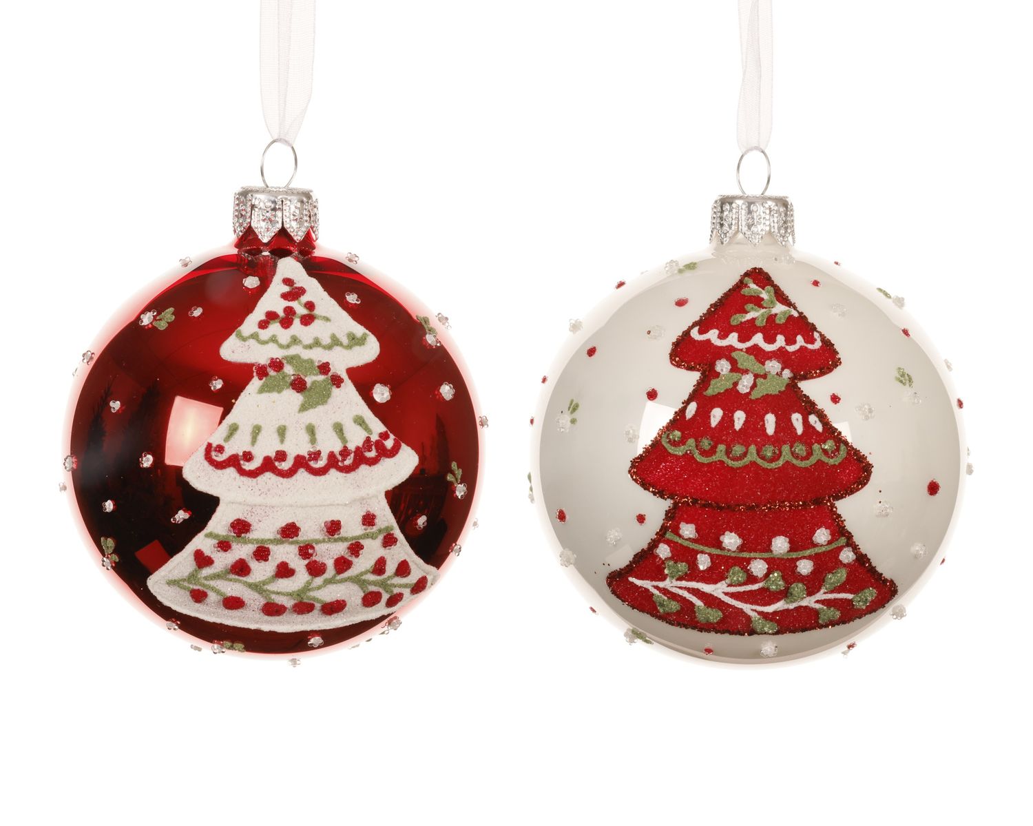 Xmas Ball Glass Red White Tree 8cm - 2 Assorted