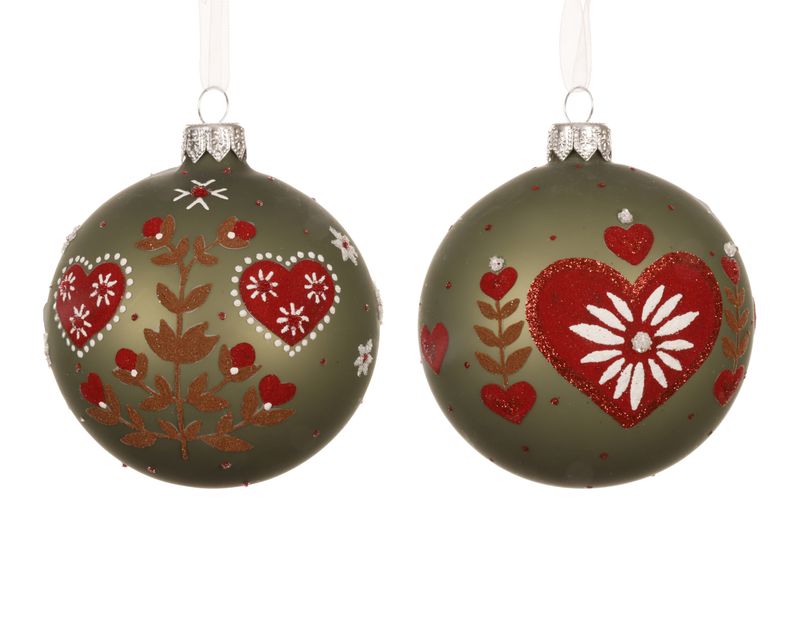 Xmas Ball Glass Green with Red Hearts 8cm - 2 Assorted