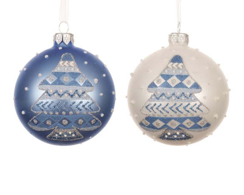 Xmass Ball Glass Blue White Tree 8cm - 2 Assorted