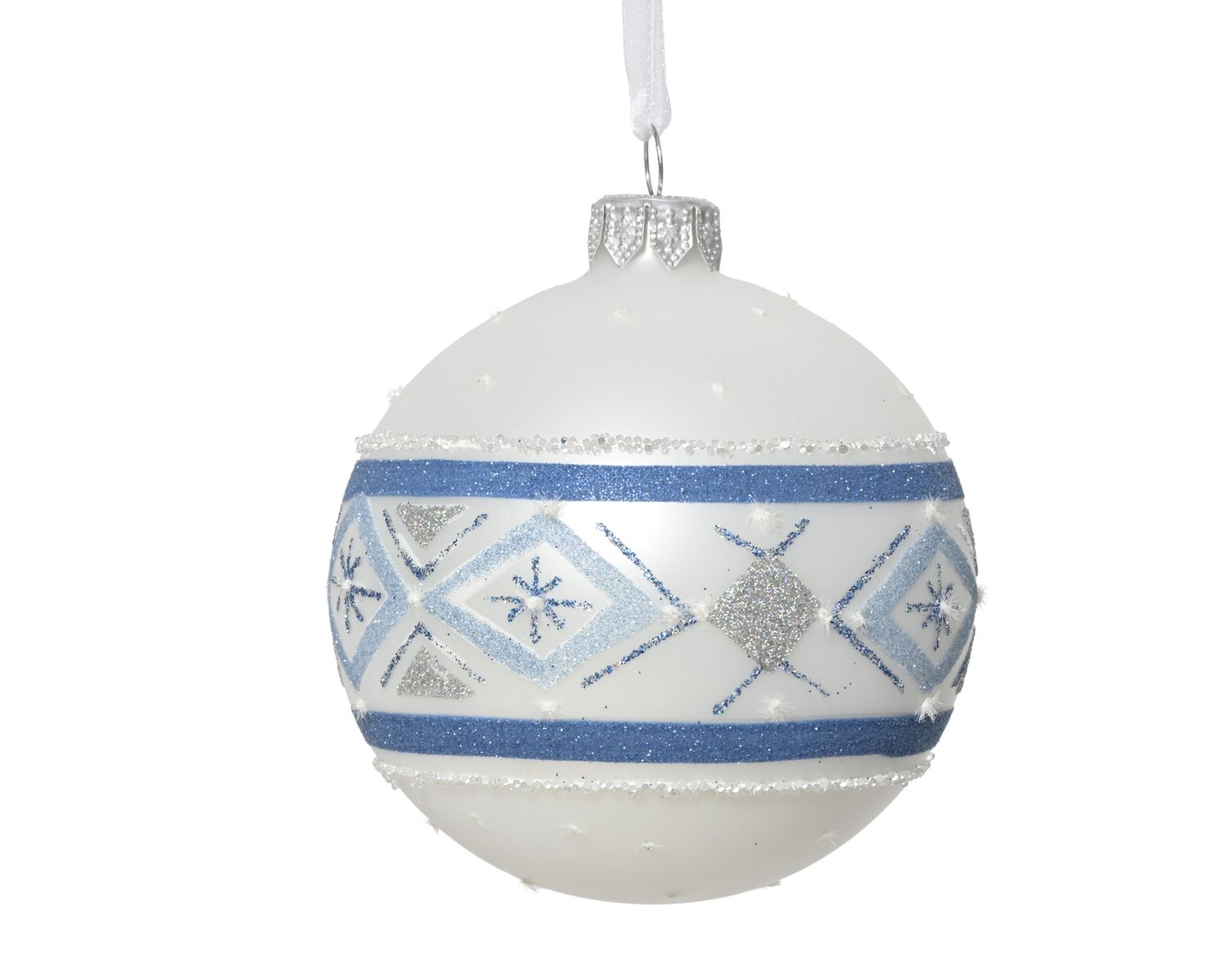 Xmas Ball Glass Winter White Blue 8cm
