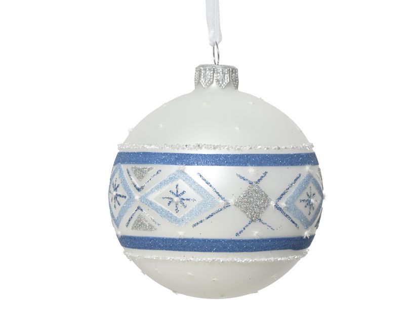 Xmas Ball Glass Winter White Blue 8cm