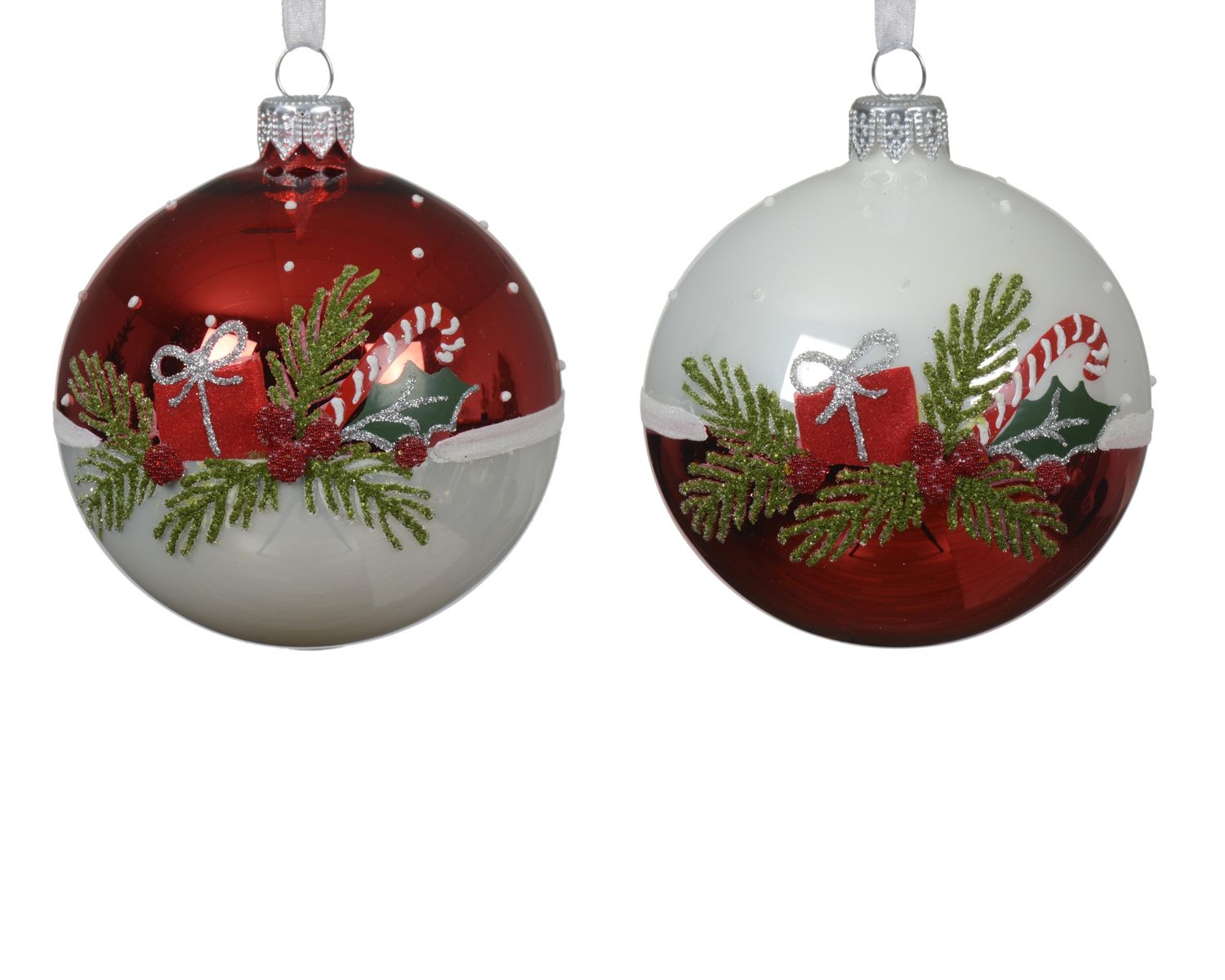 Xmas Ball Glass Red White Holly Gift 8cm - 2 Ass