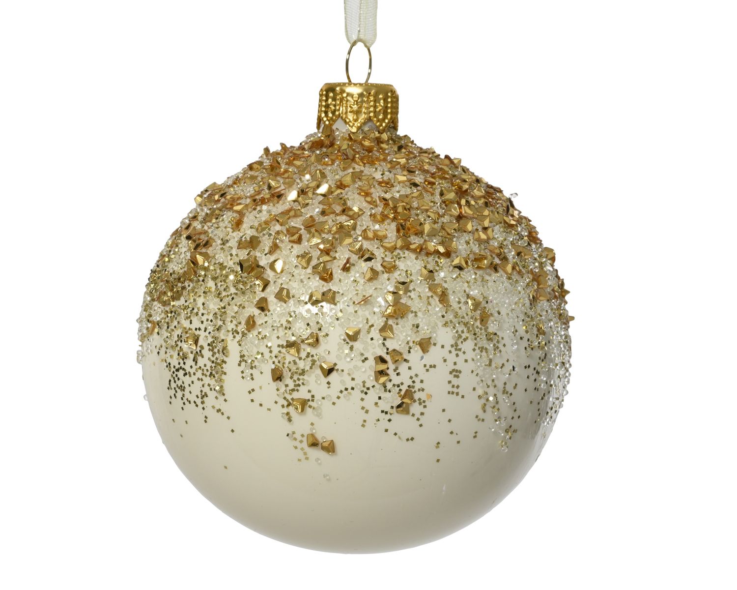 Xmas Ball Glass Gold and White 8cm