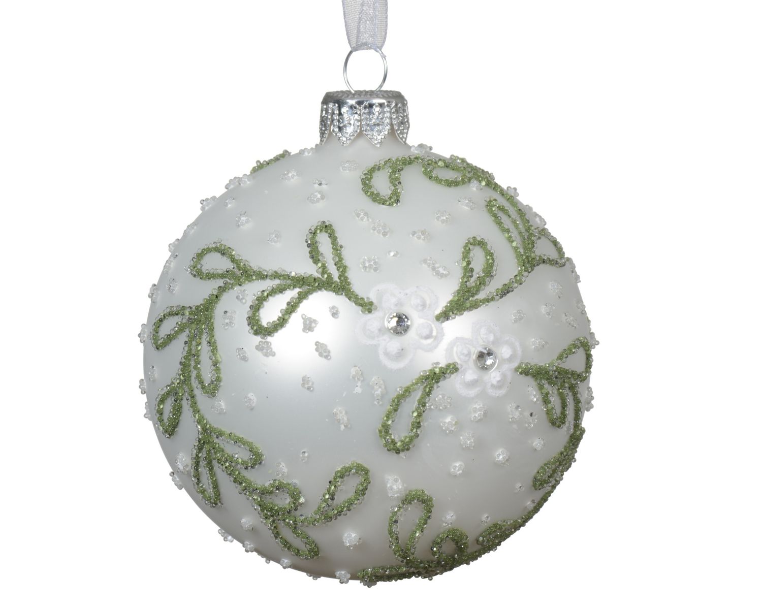 Xmas Ball Glass Green White Mistletoe 8cm