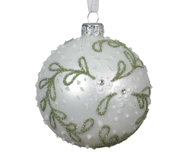 Xmas Ball Glass Green White Mistletoe 8cm