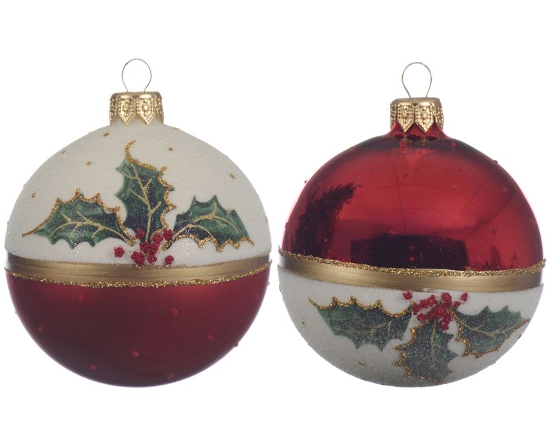 Xmas Ball Glass Holly Red White 8cm - 2 Assorted