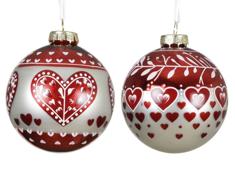 Xmas Ball Glass Red Knit Heart 8cm - 2 Assorted