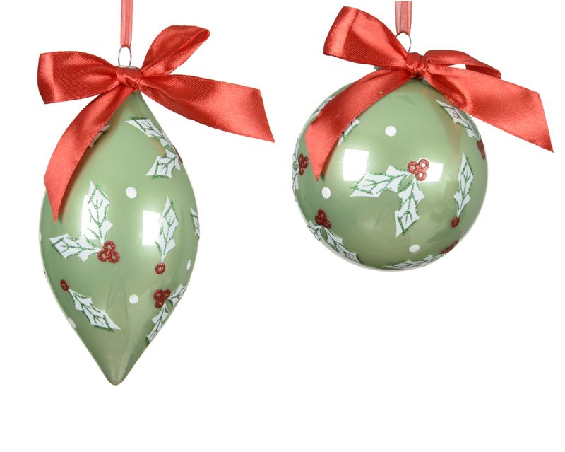 Xmas Ornament Glass 2 Green with Red Ribbon - 2 Assorted