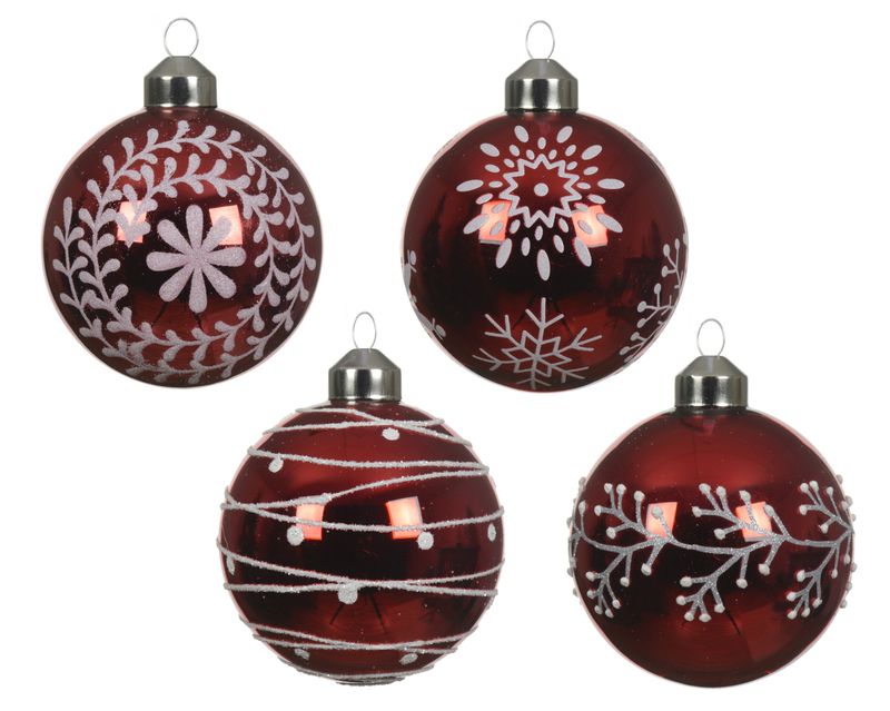 Xmas Ball Glass Red White 8cm - 4 Assorted