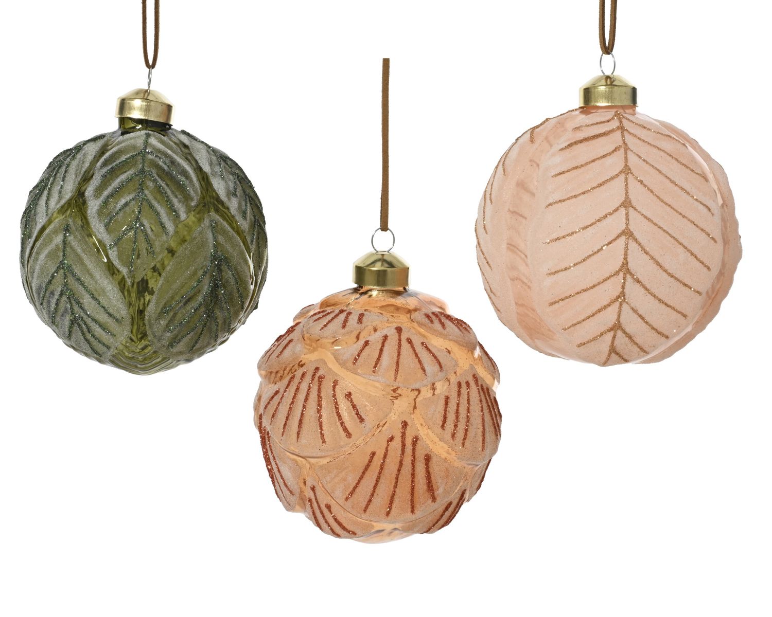 Xmas Ball Glass 8cm Green Copper - 3 Assorted