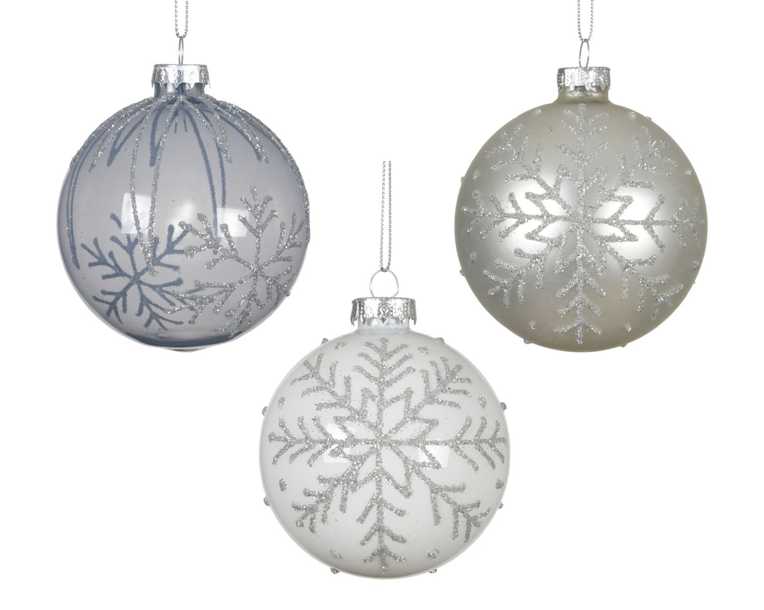 Xmas Ball Glass 8cm White Silver Blue - 3 Assorted