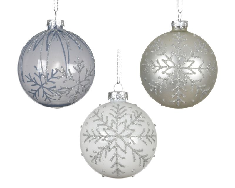 Xmas Ball Glass 8cm White Silver Blue - 3 Assorted