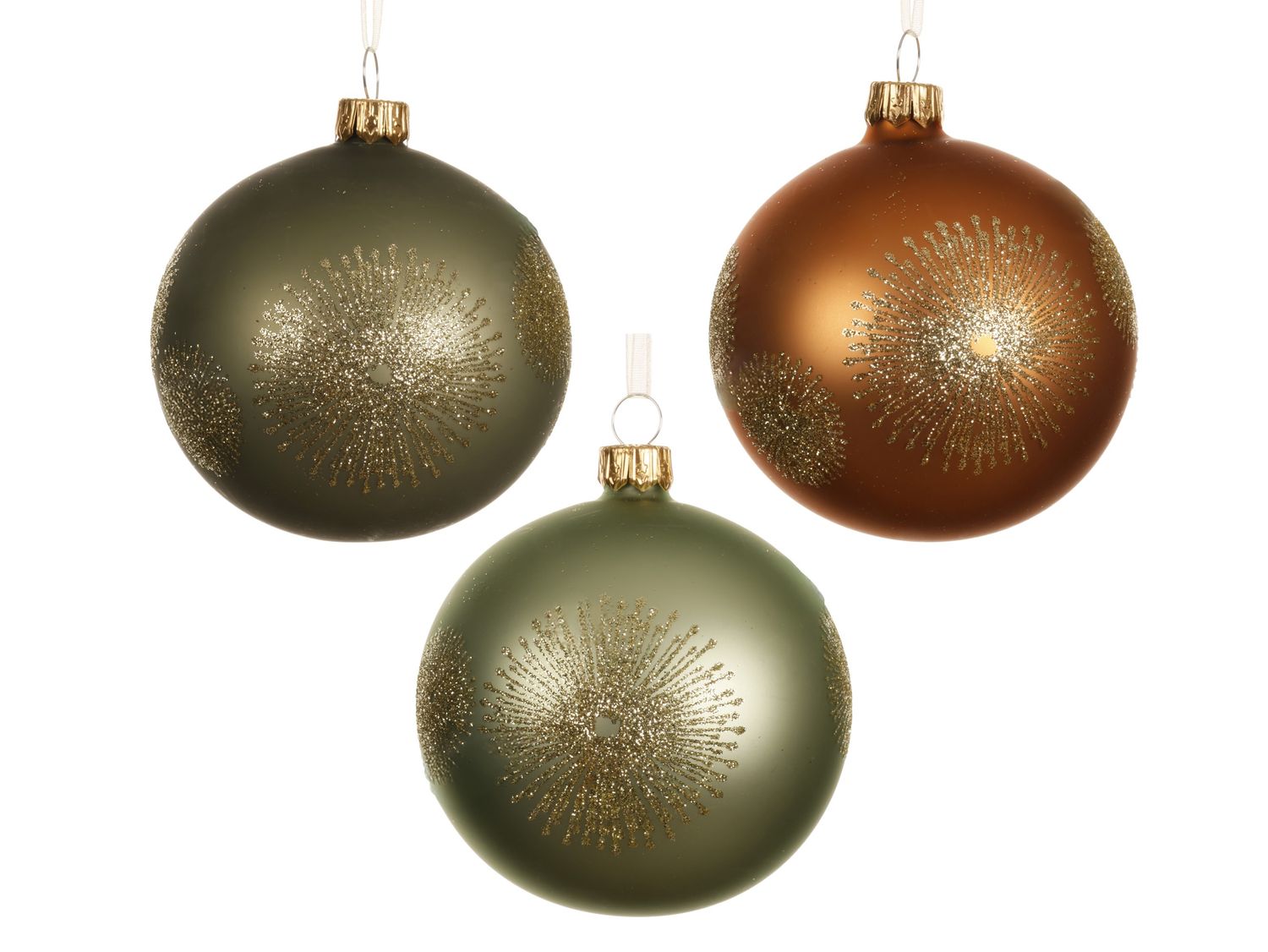 Xmas Ball Glass 8cm Green Copper - 3 Assorted