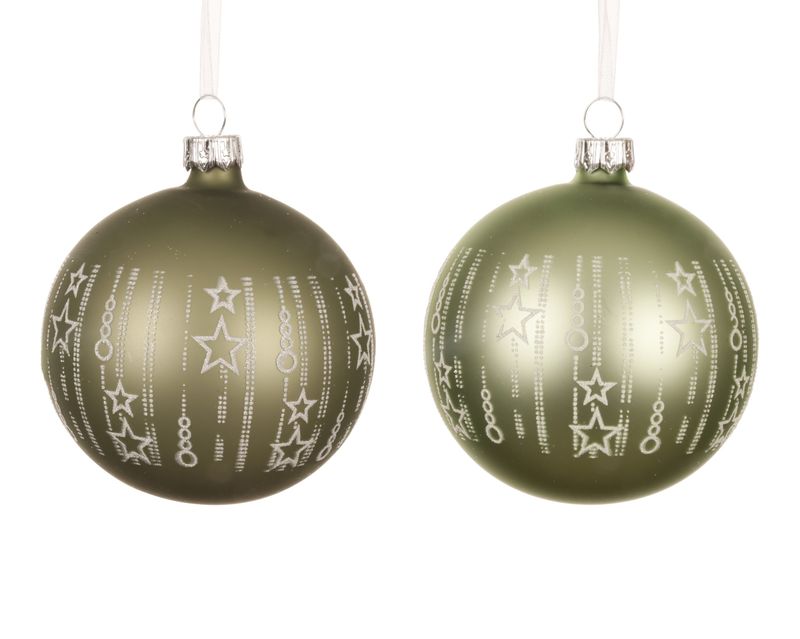 Xmas Ball Glass Green Stars - 2 Assorted