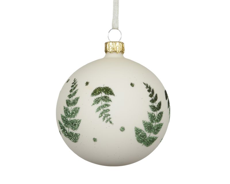 Xmas Ball Glass 8cm White Green Tree