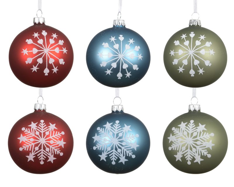 Xmas Ball Glass Heart Star 8cm Red Blue Green - 6 Assorted