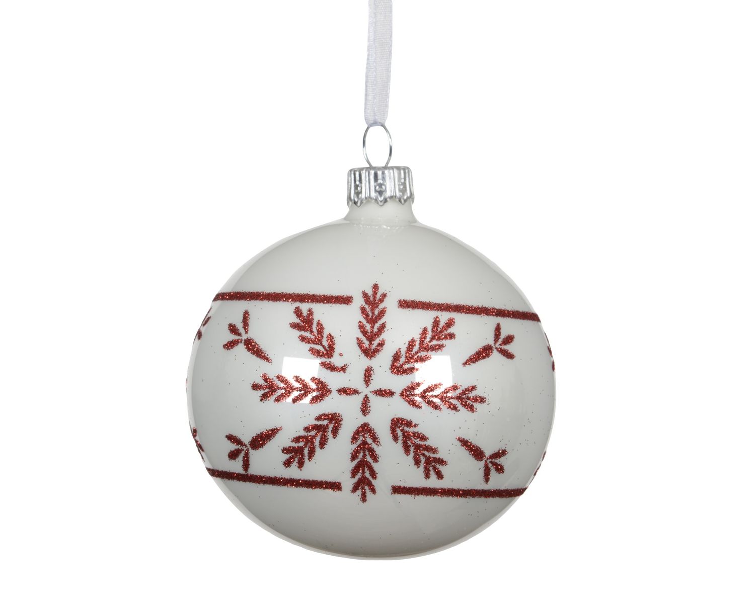 Xmas Ball Glass 8cm Winter White Red