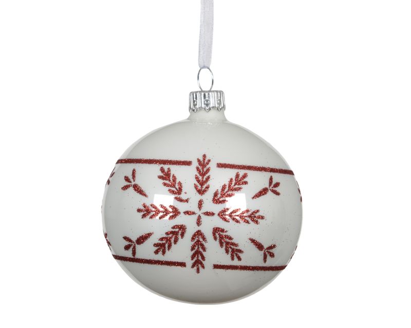 Xmas Ball Glass 8cm Winter White Red