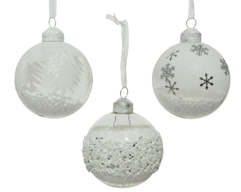 Xmas Ball Glass with Glitter and Beads - 3 Assorted