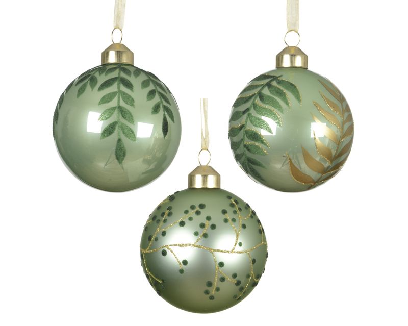 Xmas Ball Glass 6cm Green Leaves - 3 Assorted