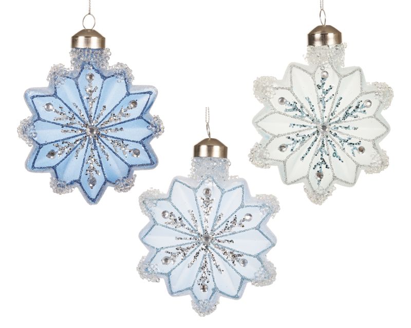 Xmas Ornament Snowflake Glass 9cm - 3 Assorted