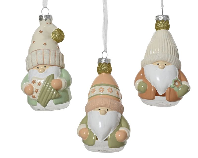 Xmas Ornament Glass 12.5cm Gnome - 3 Assorted