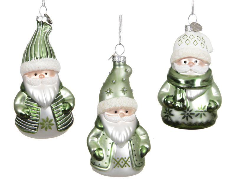 Xmas Ornament Glass Santa Green 11cm - 3 Assorted