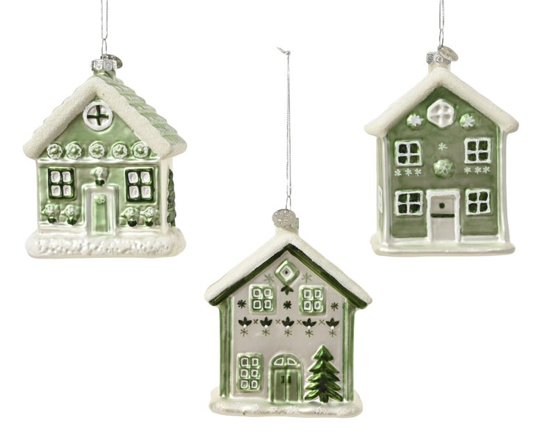 Xmas Ornament Glass House Green 10cm - 3 Assorted