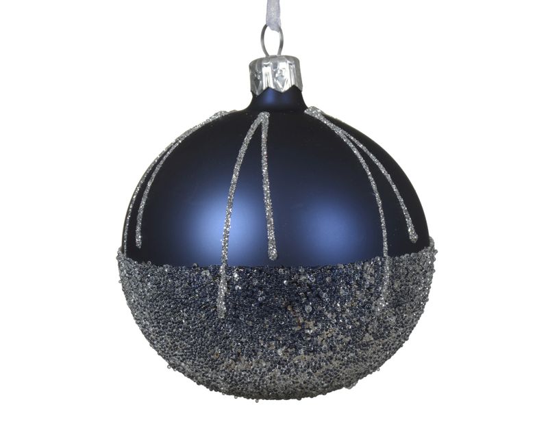 Xmas Ball Glass 8cm Night Blue Silver