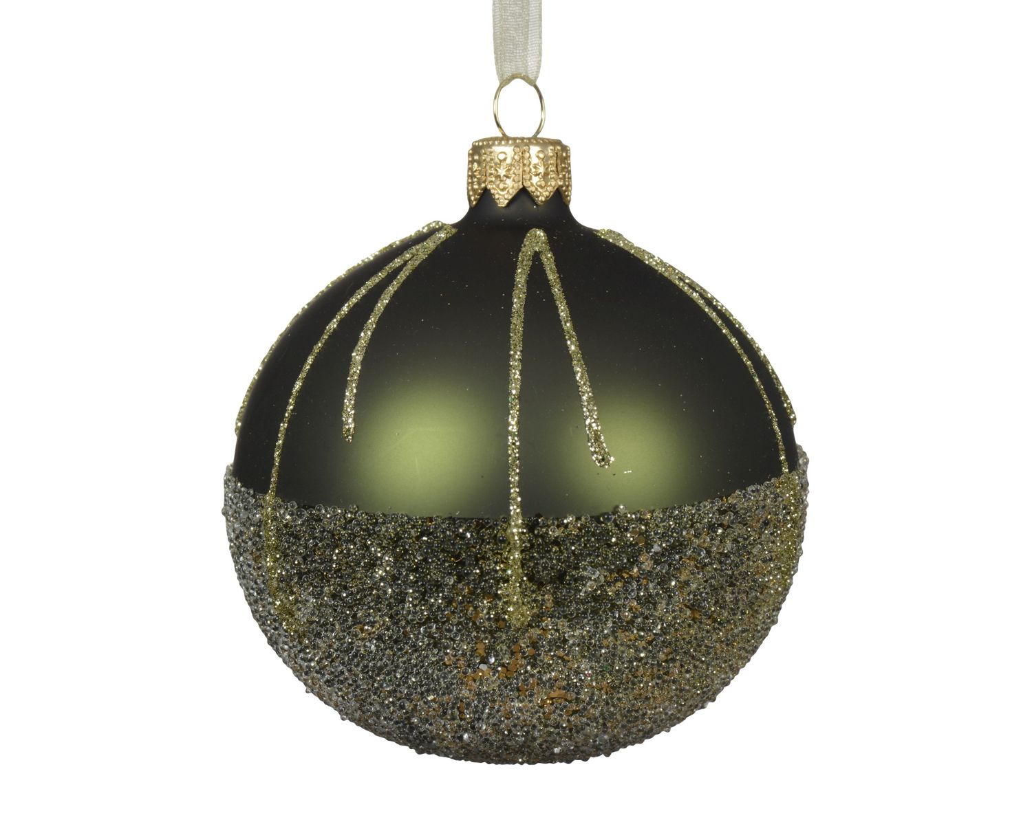 Xmas Ball Glass 8cm Pine Green Gold